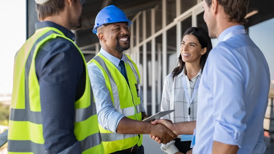 Man In Business Attire With Reflective Vest And Hard Hat Shaking Hands With Man And Woman